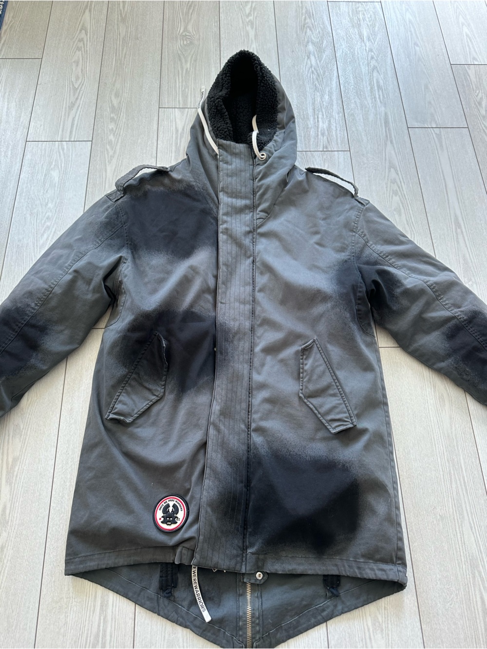 Once We Were Warriors Black Hooded Coat with Round Logo Patch Large